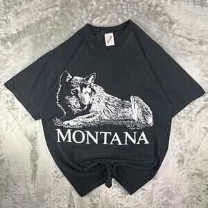 Vintage 80’s Jerzees Canis Lupas Gray Wolf Montana Black Graphic T-shirt Size L